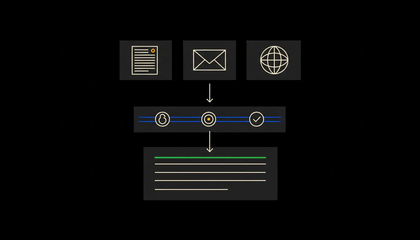 Three-tier infographic: inbound documents and mail at the top, one of them carrying a hidden instruction, a blue MCP gate in the middle with a Claude orb, an identity padlock and a human-confirmation badge, and an audit log panel at the bottom with its top row glowing green.
