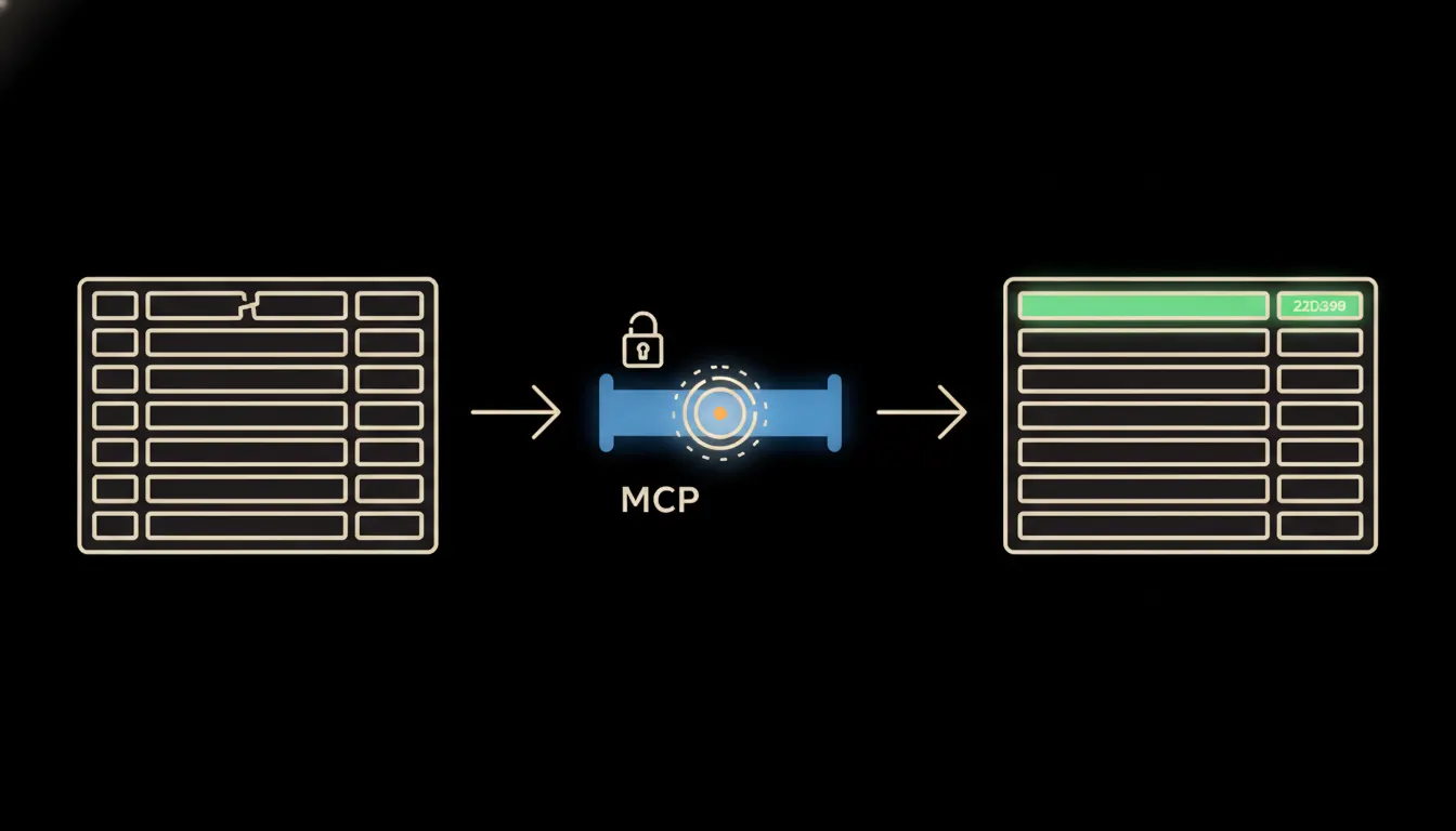 Schematický infografický přehled: vlevo ikona tabulky s daty firemních systémů, uprostřed MCP bridge s Claude orbem a zámkem identity, vpravo strukturovaný GDPR záznam se zeleně zvýrazněným aktuálním řádkem.