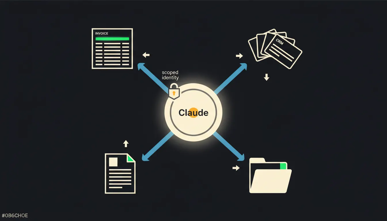 Editoriální infografika zobrazující tři systémy napojené přes MCP most na Clauda uprostřed kompozice.