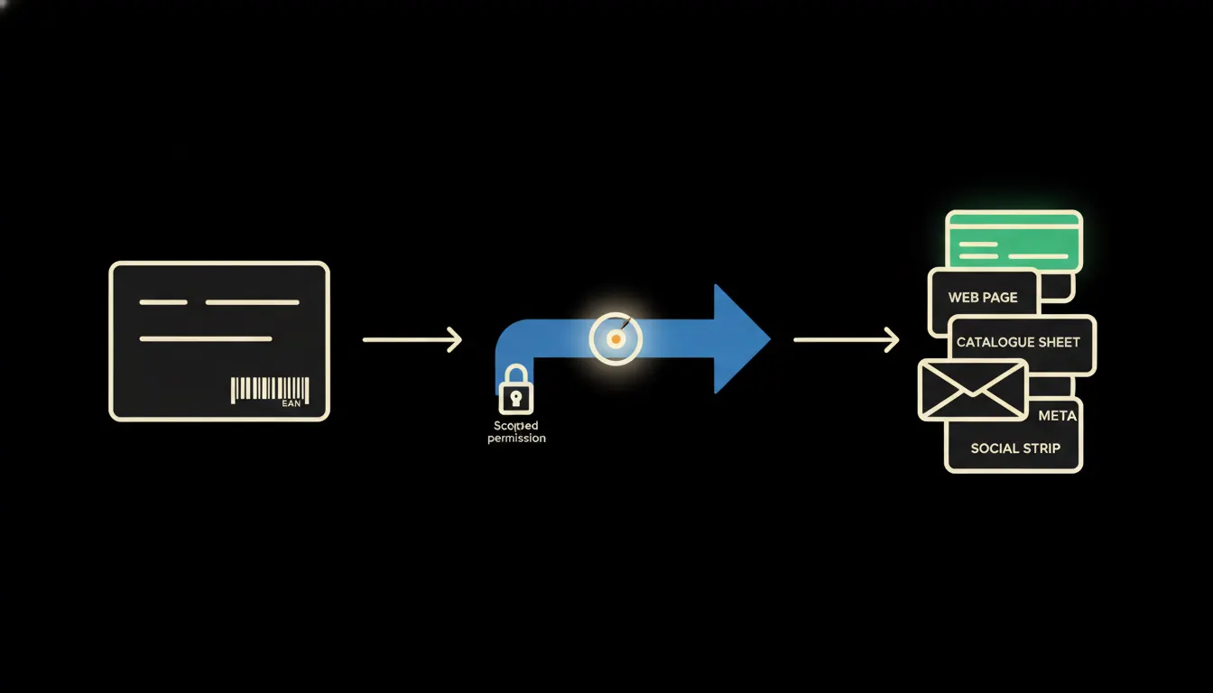 Schéma toku dat: technická karta produktu vlevo, MCP bridge uprostřed s ikonou identity, pět výstupních formátů vpravo — web, katalog, e-mail, sociální sítě, meta popis — nejvyšší řádek svítí zeleně jako dokončená akce.