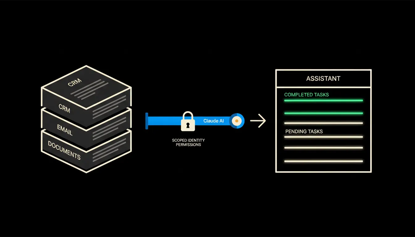 Schematická infografika: vlevo stylizovaný firemní datový uzel (CRM, mail, dokumenty), uprostřed MCP bridge s Claude orbem a ikonou identity, vpravo panel asistenta s dokoncenymi radky v zelene.