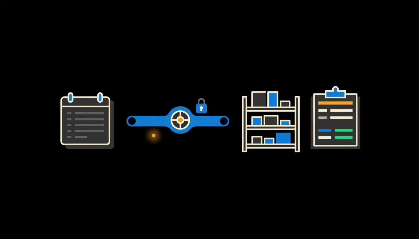 Infographic: on the left a list of promised dates from the CRM, in the middle a blue bridge with Claude and an identity lock, on the right warehouse shelves and a morning report with one row flagged as a risk.
