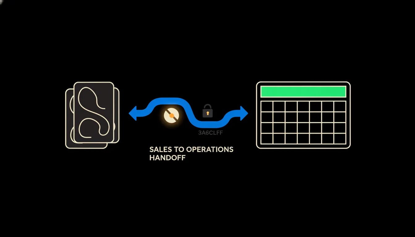 Infographic: a stack of CRM deal cards on the left, a blue bridge with Claude and a permission lock in the middle, and a weekly operations plan on the right with its top row highlighted in green.