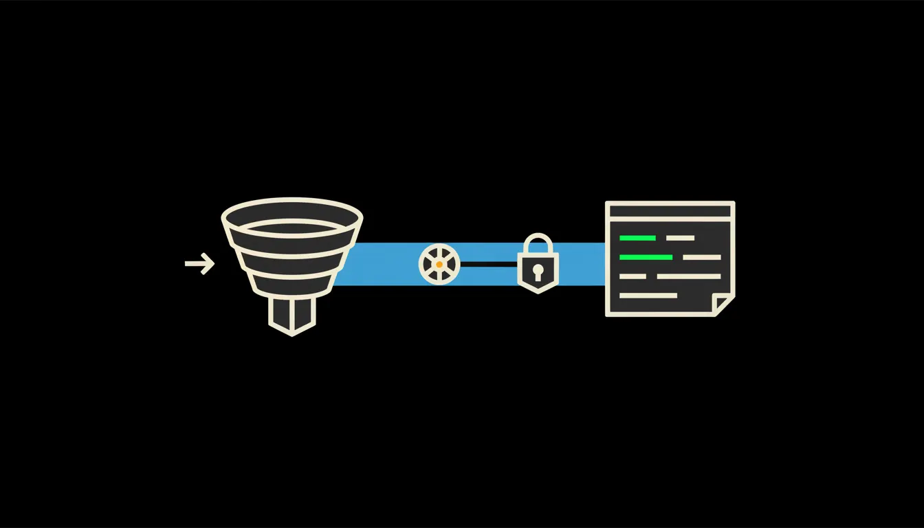 Infografika: obchodní pipeline v CRM vlevo, uprostřed modrý most s oprávněním, vpravo report se zeleně zvýrazněným řádkem.